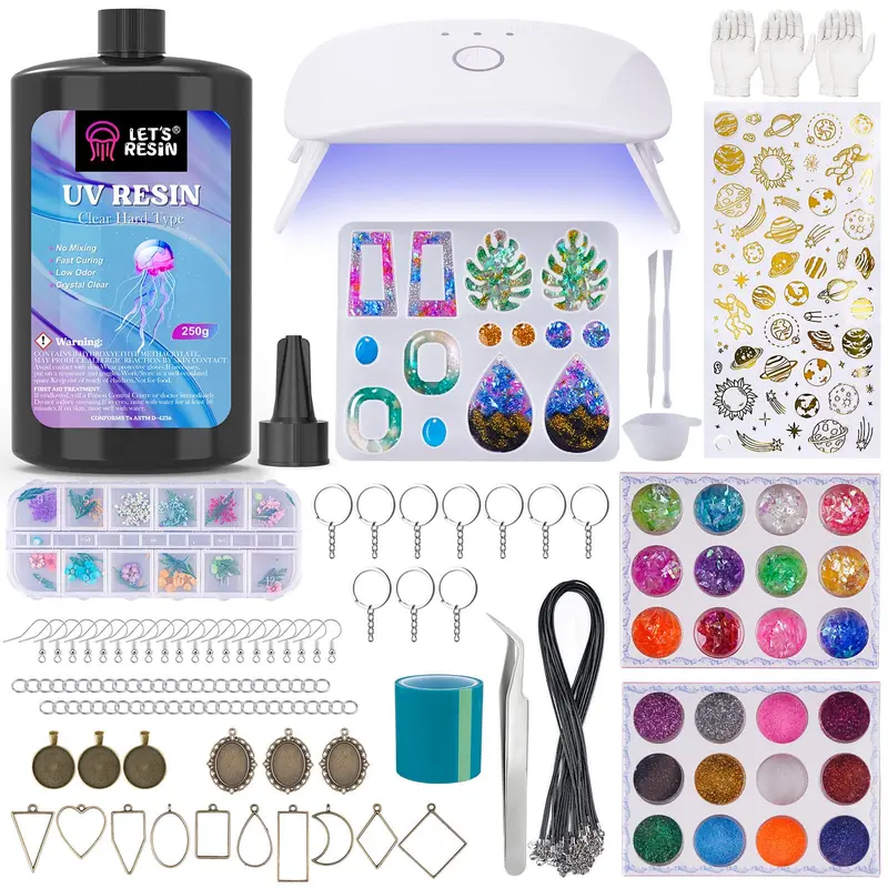LET'S RESIN Hobbies Kit Adults - 250g UV Adhesive, Fold-Up UV Lamp, Geometric Jewelry Molds, Glitter, Beads Jewelry Making Supplies, 100 Jump Rings, Keychain Accessories for DIY Crafts, Handmade Gifts