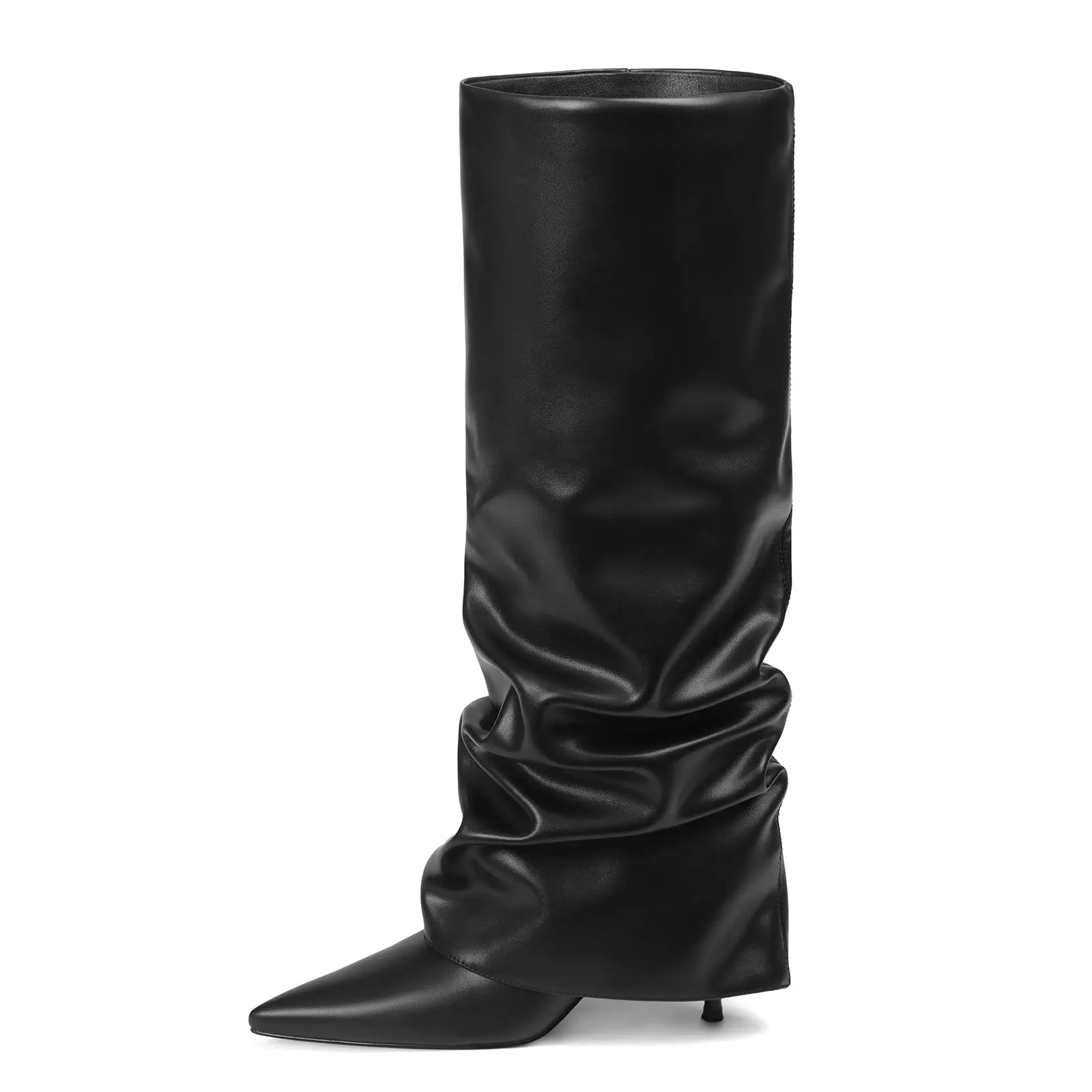 Leather Knee-High Slouchy Boots with Ruched Details Pointed Toe Kitten Heel Stylish Statement Footwear for Women Trendy Ruched Design Premium Leather Chic Pointed Toe Comfortable Perfect for Elevating Any Outfit Women's fall shoe shopping