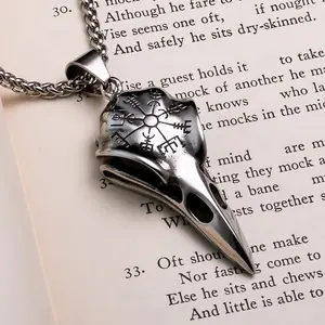 Viking Raven Skull Vegvisir Stainless Steel Pendant Necklace