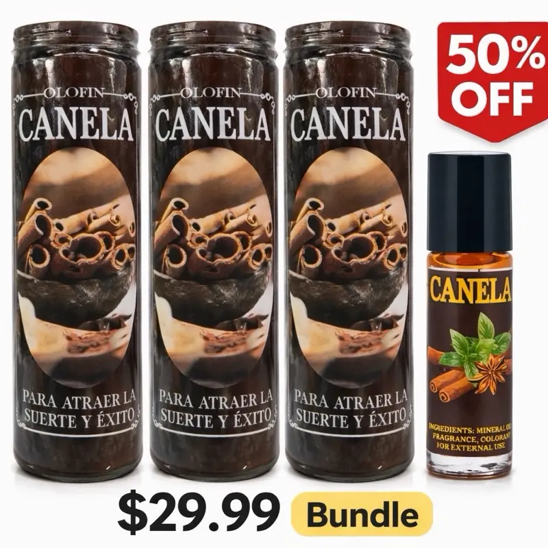Pack Canela Ritual Completo  3 Velas Olofin + Rolón de Canela | Abundancia, Dinero y Suerte | Botanica Supply
