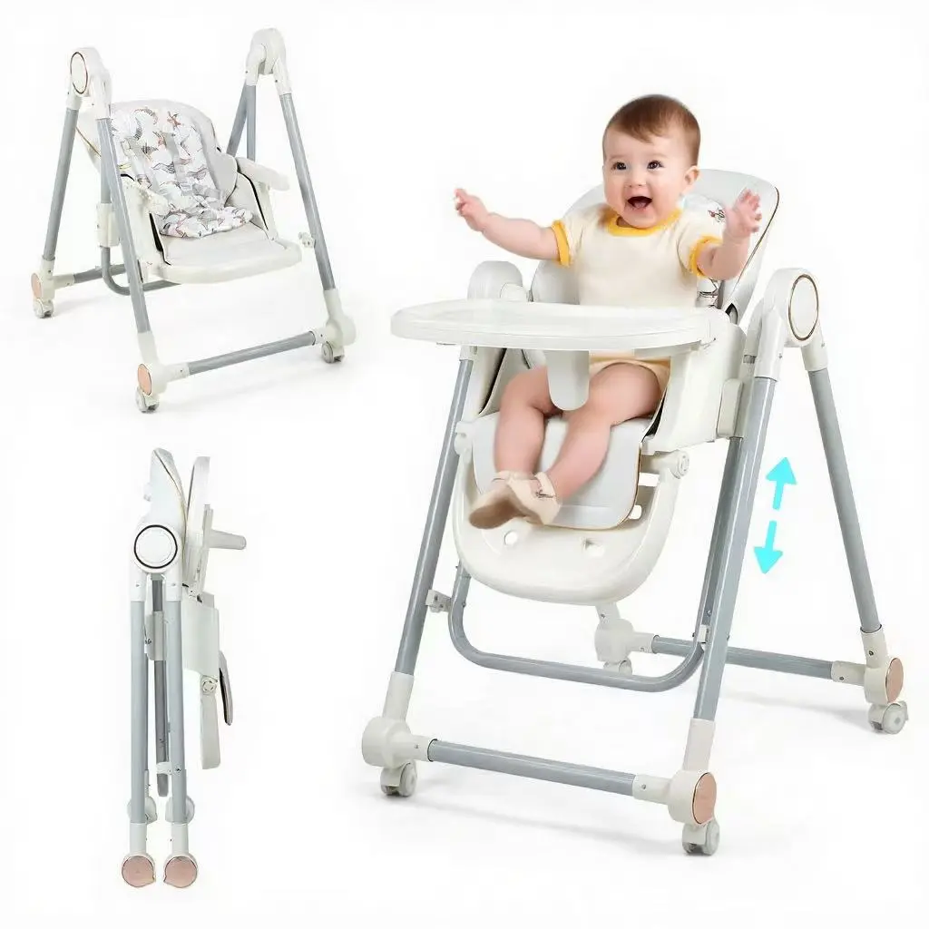 3-in-1 Baby High Chair and Swing for Toddlers, Adjustable Reclining Feeding Chair with 8 Height Levels, Locking Wheels, Washable PU Cushion, Foldable Rocking Infant Chair for 1+ Years