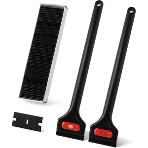 2 count Long Handle Plastic Razor  Scraper With 100 count Spare Replacement , Sticker Remover Glue  Tool for Hard to Reach Corner