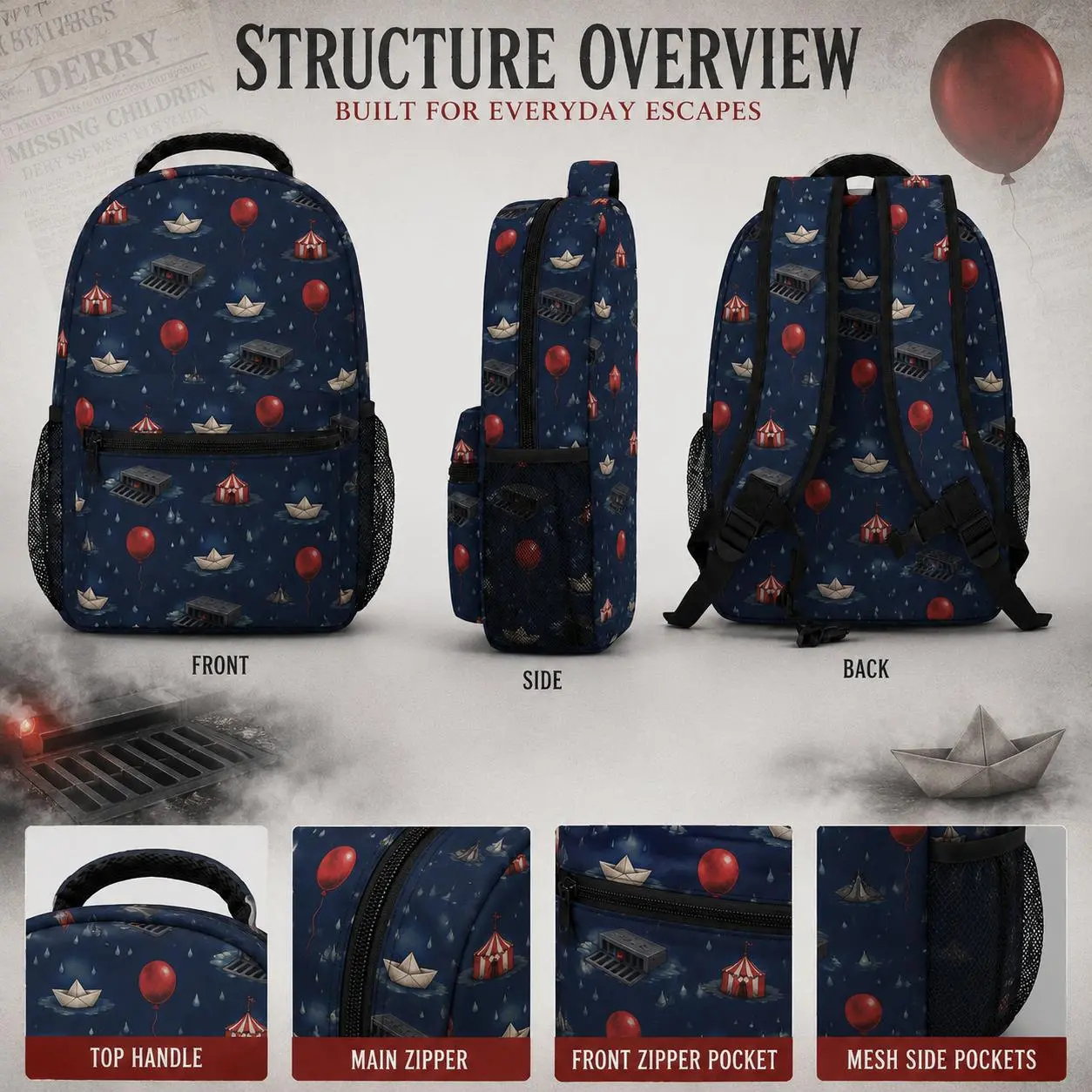 Horror Red Balloon Navy School Backpack, Dark Carnival Paper Boat Bookbag with Front Zipper Pocket, Side Mesh Pockets, Back to School,cool,packs,fashionable,,3-piece,set,,multi-pocket,,outdoor,sport,Cartoon,Print,Casual Travel Backpack