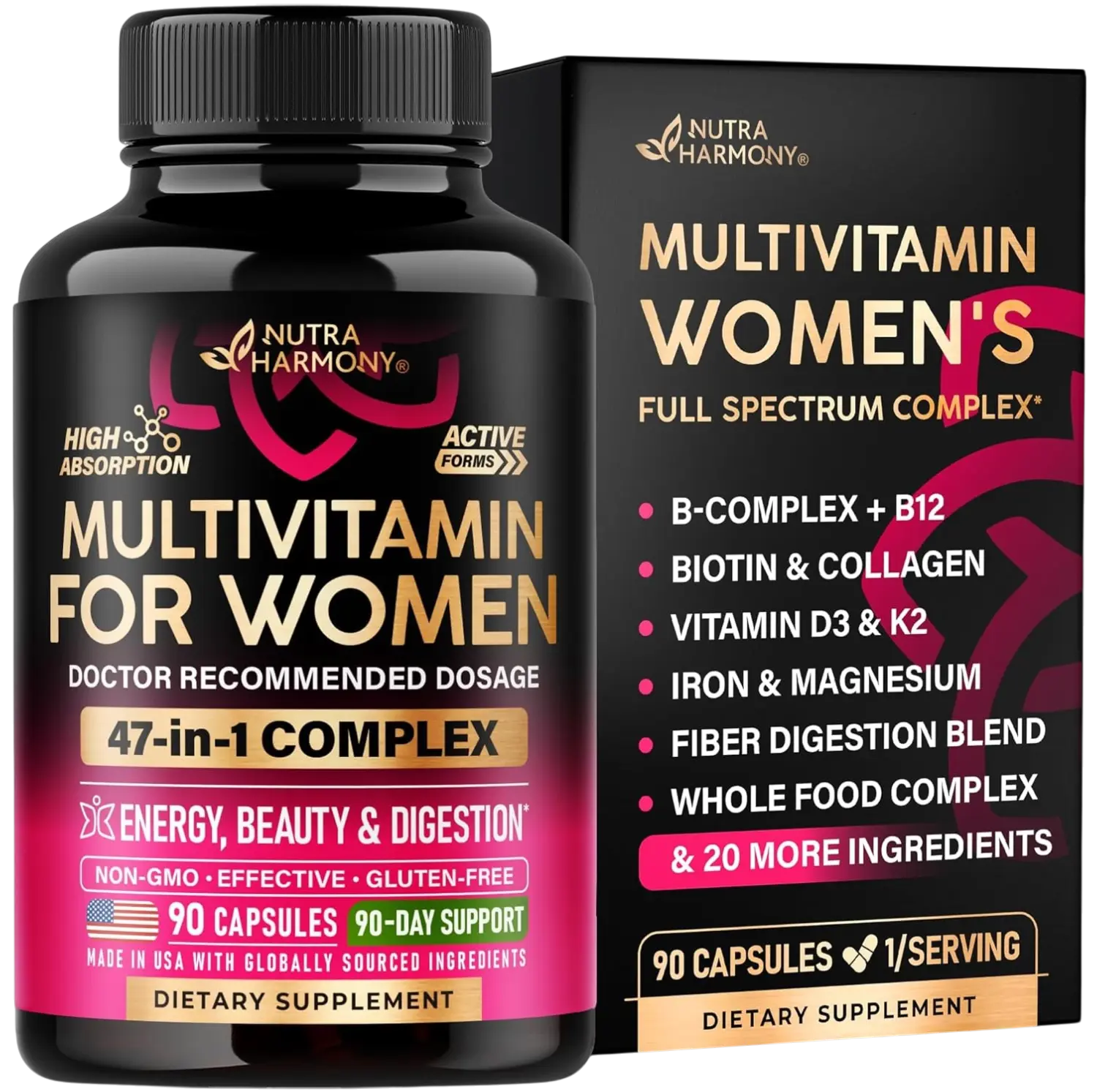 NUTRAHARMONY 47-in-1 Multivitamin Complex for Women: B-Complex, Whole Foods, Hair Growth Support, Digestion & Metabolism, Iron. Vegan, Bioavailable & Gentle on Stomach. Made in USA. 90 Capsules
