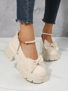 Ladies Sweet Style Off- Bow Detail Pearl Chain Platform Block Heel Casual Shoes, Women, PU Leather, Butterfly Pattern, All Seasons