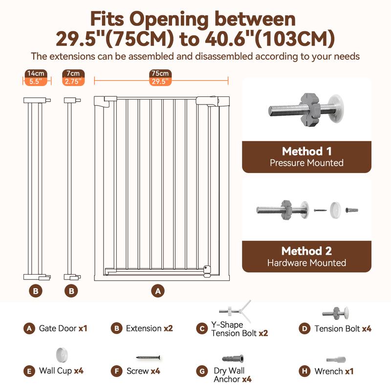 PAWGIANT 36" Tall Pet Gate for Cats, 29.5-40.6" Wide, Auto Close Extra Wide Dog Gate for House, for Doorways & Bottom of Stairs, Pressure Mount Safety Gate for Babies, Toddlers & Pets, Tested & Safe, Baby Gate Pressure Mount