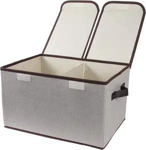 Foldable Fabric Storage Box – Large Organizer Bin with Double Lid & Dividers, Grey 16.5" x 11.8" x 9.8"
