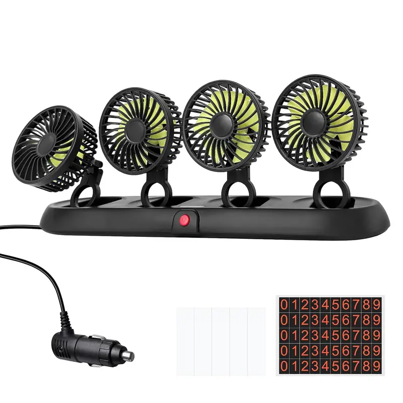 Portable 4-Head Car Cooling Fan - 3-Speed Adjustable, 360° Rotating, Cigarette Lighter Plug, Powerful Airflow for Vehicles, RVs, and SUVs