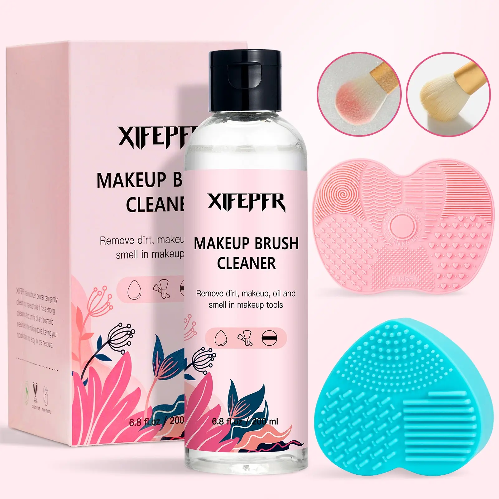 Makeup Brush Cleaner Solution, Makeup Brush Cleanser 6.8 Fl Oz with 2 Cleaning Mats | Makeup Tool Cleaner, Brush Cleansing, Deep Clean Brushes, Sponges & Puffs | Ideal Gift for Her