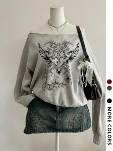 Women's Y2K Style Graphic Long Sleeve Fitted Sweater Tops, Casual Loose Shoulder Design, Comfortable Fall & Winter Wear, Sweatshirt