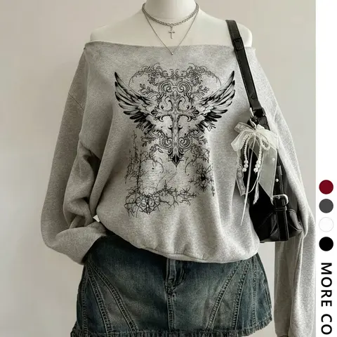 Women's Y2K Style Long Sleeve Sweater Tops, Casual Loose‑Shoulder Design, Comfortable Fall & Winter Wear, Graphic Print Pullover, Fall Season Sweatshirt