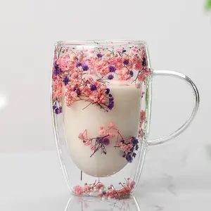 1pc Elegant Double-Walled Glass Coffee Mug with Dried Flower Detail - Thermal Insulated Drinkware for All Seasons Ideal Birthday Present