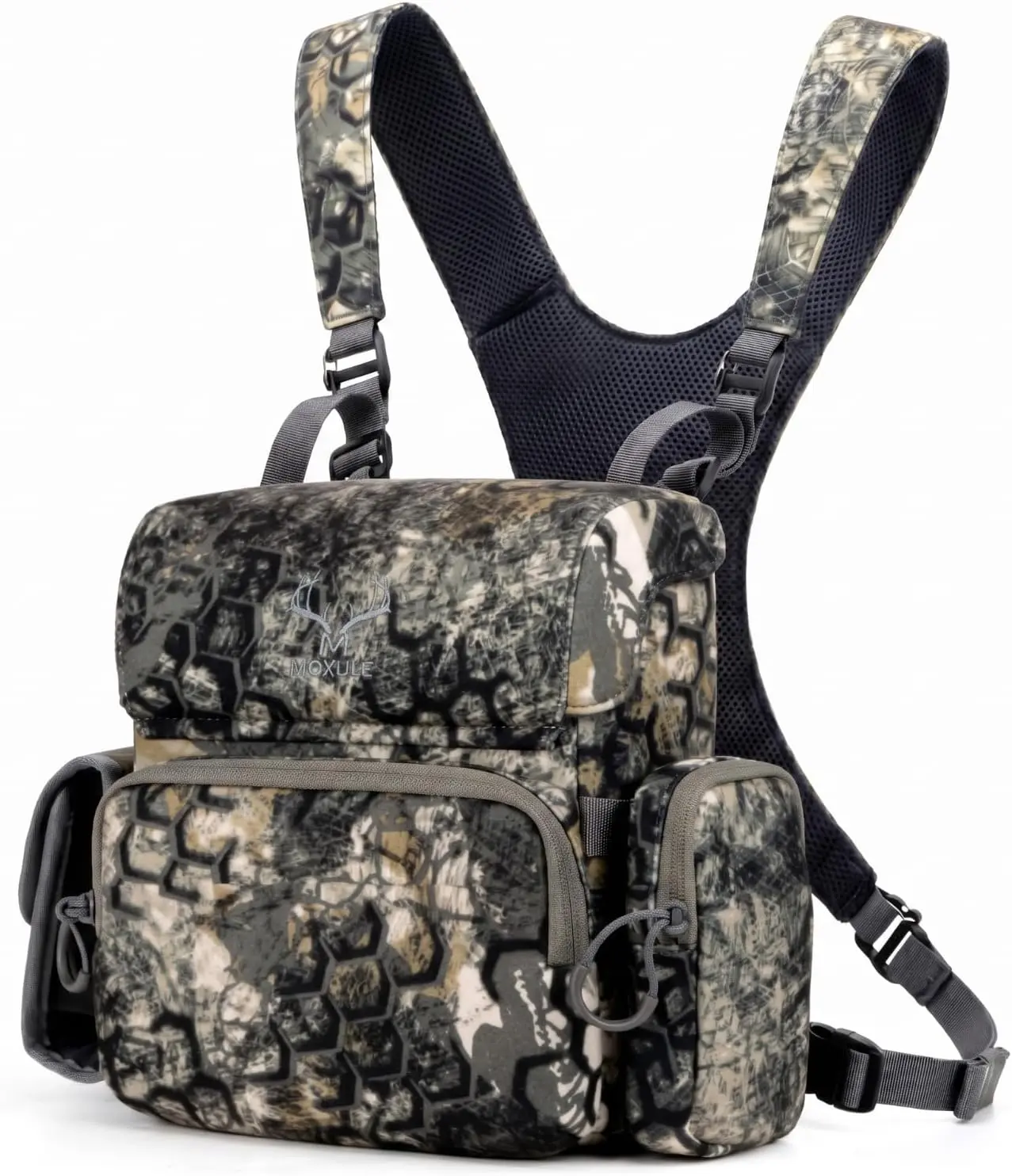 MOXULE XL Lightweight Polyester Outdoor Binocular Harness Chest Pack - Breathable Mesh Straps, Velcro, Magnetic Closure, Wide Cloth Panels, Multi-Pockets, Quiet Waterproof Design, Rain Cover, Fast Access to Optics for Hunting, Backcountry Exploration, Sto