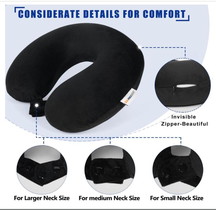 SAIREIDER Travel Pillow 100% Pure Memory Foam Travel Neck Pillow, Airplane Pillow for Traveling、Car、Home、Office，Washable Cover（Black）