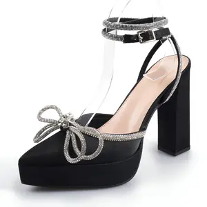 Women's Glamorous Diamond Bow High Heels with  Sparkle Ankle Strap Footwear Girl Elegant Walking Shoes Chunky Heeled Classy Fashion Shoe
