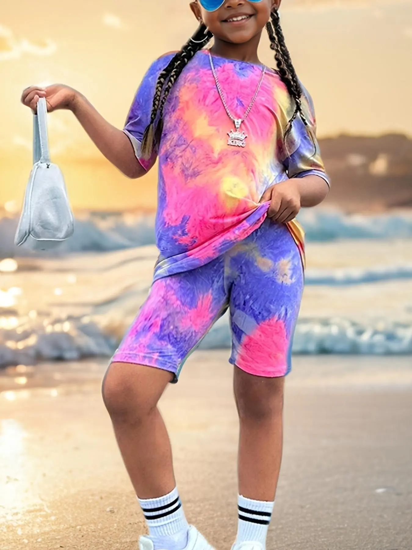 Girl's Tie Dye Print Short Sleeve Tee & Elastic Waist Shorts Set, Casual Round Neck T-shirt & Shorts, Kids Summer Clothes for Daily Wear Clothing Sets