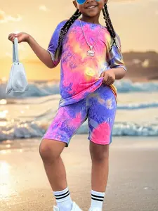 Girl's Tie Dye Print Short Sleeve Tee & Elastic Waist Shorts Set, Casual Round Neck T-shirt & Shorts, Kids Summer Clothes for Daily Wear