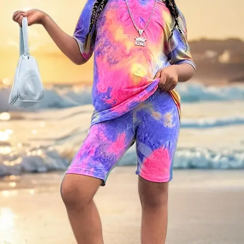 Girl's Tie Dye Print Short Sleeve Tee & Elastic Waist Shorts Set, Casual Round Neck T-shirt & Shorts, Kids Summer Clothes for Daily Wear Clothing Sets