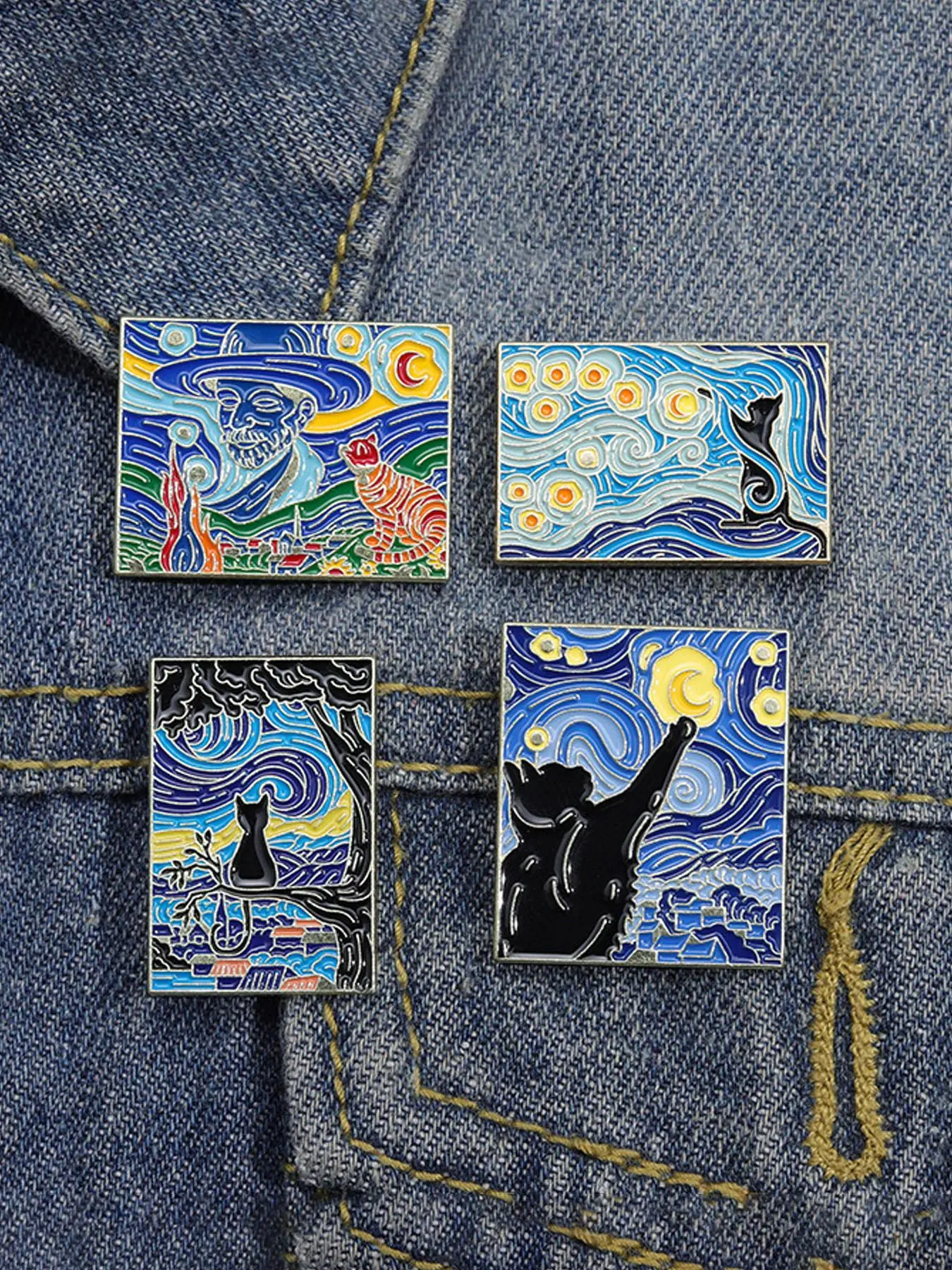 Van Gogh Starry Sky Art Painting Pattern Brooch Pin Clip, Drop Set Pins, 4 Counts Cute Cat Graphic Alloy Badge for Daily Clothing Decor, Trendy All-match & Exquisite Brooch for Birthday Gift, Men Accessories