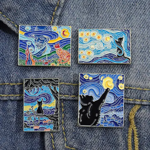 Van Gogh Starry Sky Art Painting Pattern Brooch Pin Clip, Drop Set Pins, 4 Counts Cute Cat Graphic Alloy Badge for Daily Clothing Decor, Trendy All-match & Exquisite Brooch for Birthday Gift, Men Accessories