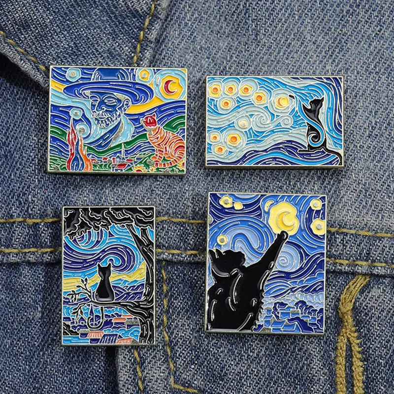 Van Gogh Starry Sky Art Painting Pattern Brooch Pin Clip, Drop Set Pins, 4 Counts Cute Cat Graphic Alloy Badge for Daily Clothing Decor, Trendy All-match & Exquisite Brooch for Birthday Gift, Men Accessories