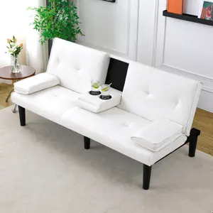 67"Modern Futon Sofa Bed,Convertible 3 in 1 Sleeper Bed Couches with Adjustable Backrest,Cup Holders,Comfy PU Leather Recliner Sofa Loveseat with Chrome Legs for Small Home Living Room (Beige)
