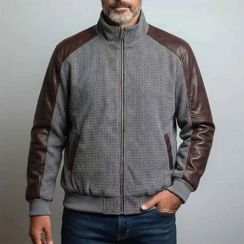 Men's Faux Leather Bomber Coat - Menswear Fashion Autumn-Winter Retro Color-Block Cropped Outerwear with Stand Collar, Full Zip Closure, Long Sleeves, Contrast Shoulder Panels, Ribbed Hem, Stylish Casual Design