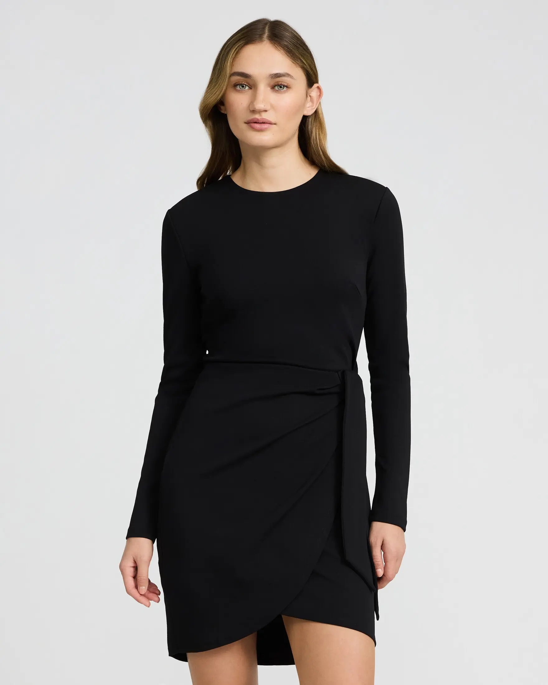 Express Crepe Crew Neck Long Sleeve Tie Wrap Mini Sheath Dress