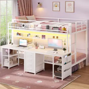 ADORNEVE Bunk Bed Twin Over Twin with 2 Person Desk and Power Outles LED Bunk Bed with 4 Drawers Storage Rack and 4 Shelves Metal Bunk Beds with Guardrai