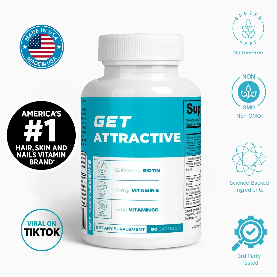 GET ATTRACTIVE Supplements - Natural Vitamin Nail Biotin Beauty 5000 mcg Biotin 14 mg Vitamin E 8 mg Vitamin B6 Third Party Tested for Hair Skin & Nai
