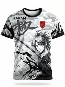Japanese anime warrior T-shirt, Streetwear Menswear Casual, featuring a camouflage pattern of grey and black, with the image of a warrior and Chinese characters printed on it. Suitable for daily wear and role-playing.