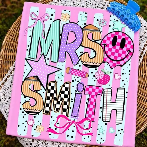 [Pls Note or Send DM] Comfort Colors Teacher Name Shirt, Striped Neon Coquette Bow Tee, Personalized Teacher T-Shirt, Back to School Teacher Gift