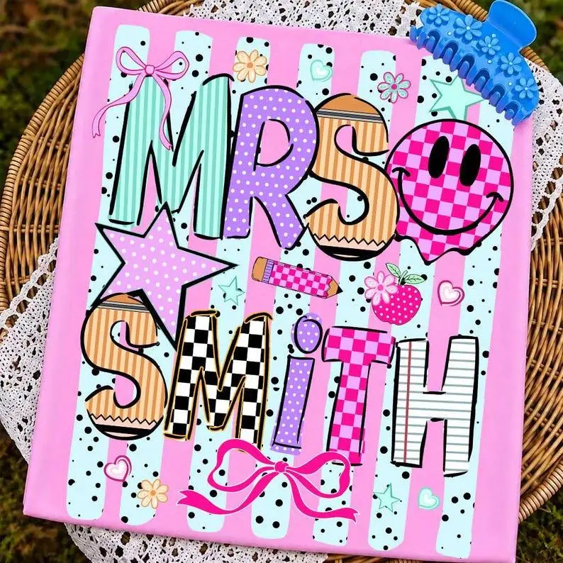 [Pls Note or Send DM] Comfort Colors Teacher Name Shirt, Striped Neon Coquette Bow Tee, Personalized Teacher T-Shirt, Back to School Teacher Gift