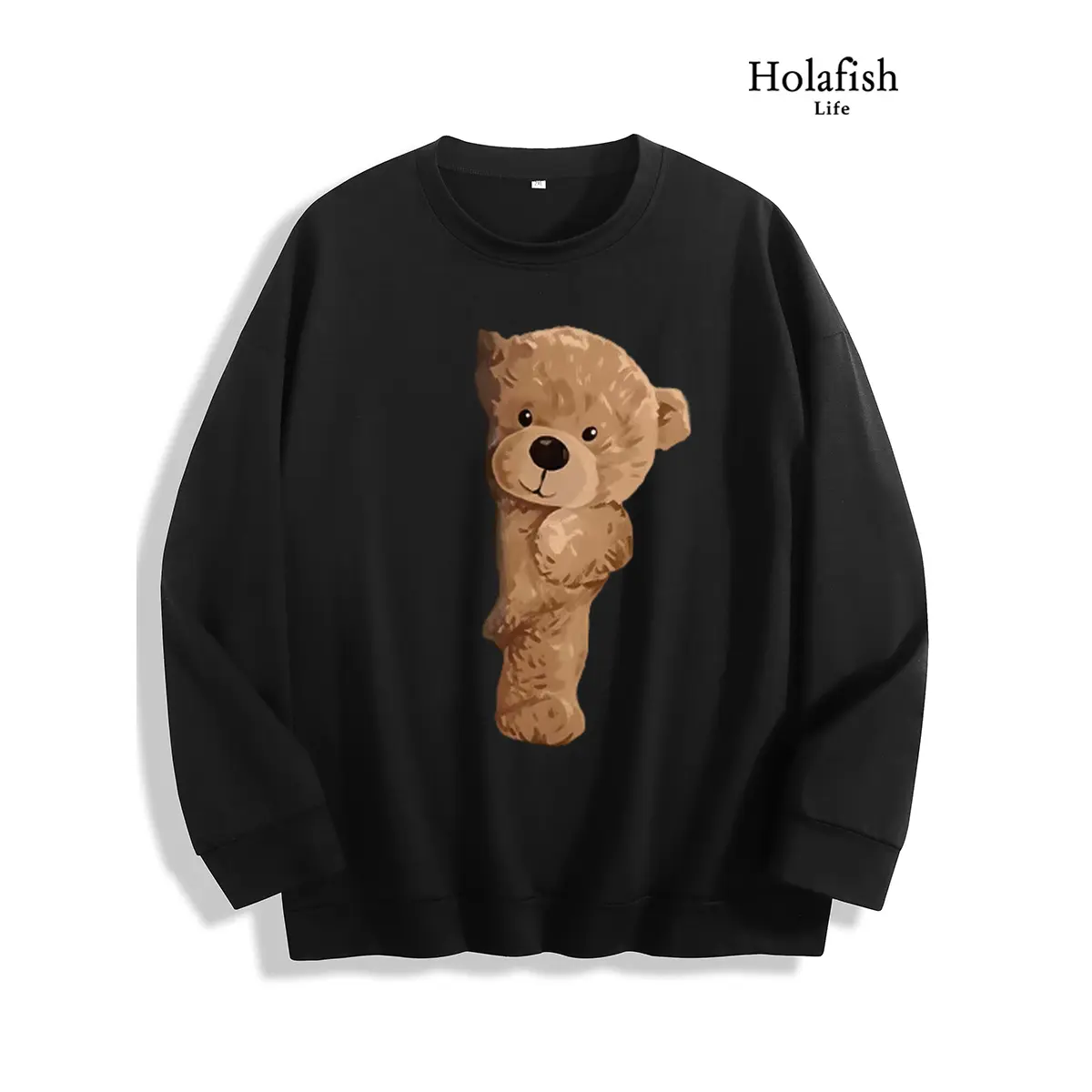 Holafish Women’s Oversized Crewneck Sweatshirt, Cute Peeking Teddy Bear Print Pullover, Soft Loose‑Fit Casual Top for Autumn Daily Wear