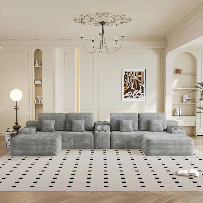 Light Grey 5-Piece Plush Corduroy U-Shaped Sectional Couch - 150-in Modular Dual-Function Sofa Bed with 2 Ottomans, Comfortable Corner Double-Wide Full-Sized Sofa Sets for Indoor Living Room Furniture, Comfortable Sofa Sets