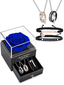 Couple Matching Bracelets Promise Bangle Set, Personalized Couple Necklaces with Soap Flower Gift Box, Valentine's Day Present, Elegant Jewelry Set