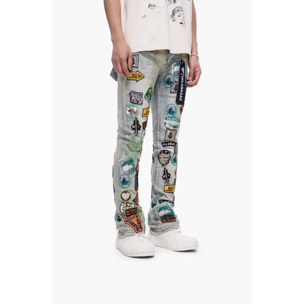 Men's Light Blue Stacked Jeans, Slim-to-Relaxed Fit Denim with Embroidered Applique Patchwork, Menswear Designed for Sneakers, Clothes, Applique Men's Jeans, Casual, Cold Wash, Classic, Colorful Embellished Men's Jeans