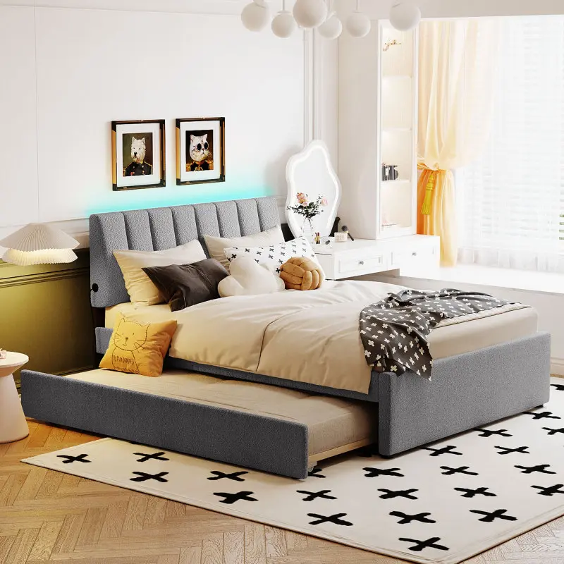 Full Size Upholstered Platform Bed Frame with Twin size Trundle, Teddy Fleece Bed with Headboard, No Box Spring Needed