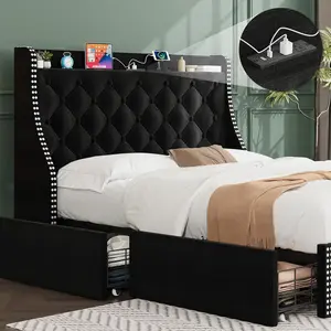 Full Bed Frame with 4 Storage Drawers and Wing Back Headboard,Charging Station,Diamond Cluster Design,No Spring Box,Black