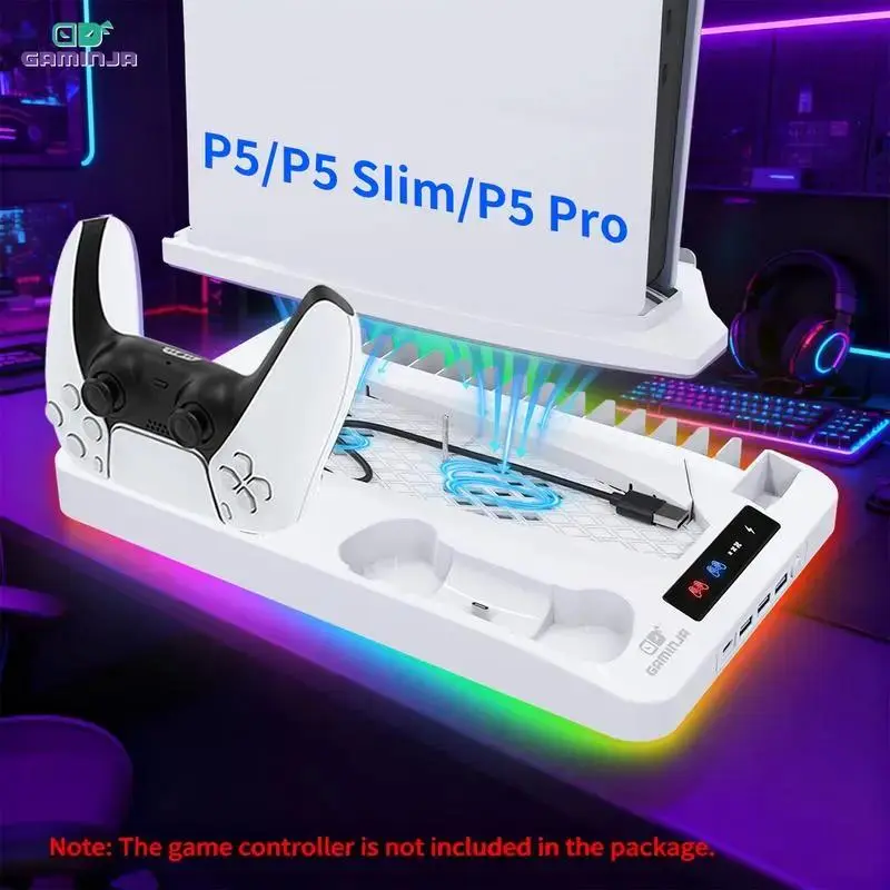 P58 All-in-One PS5 Vertical Charging & Cooling Station, Multi-Functional Stand with Built-In Fan, Dual Charger Docks, and Stable Base – Perfect for PS5, Slim, and Pro Consoles