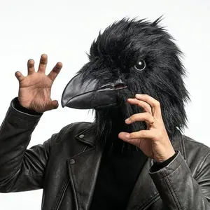 crow mask Realistic black crow role-playing latex mask with lifelike movable beak and fluffy fur design, suitable for animal mask enthusiasts, cosplayers, and photography props for Halloween carnival stage performances