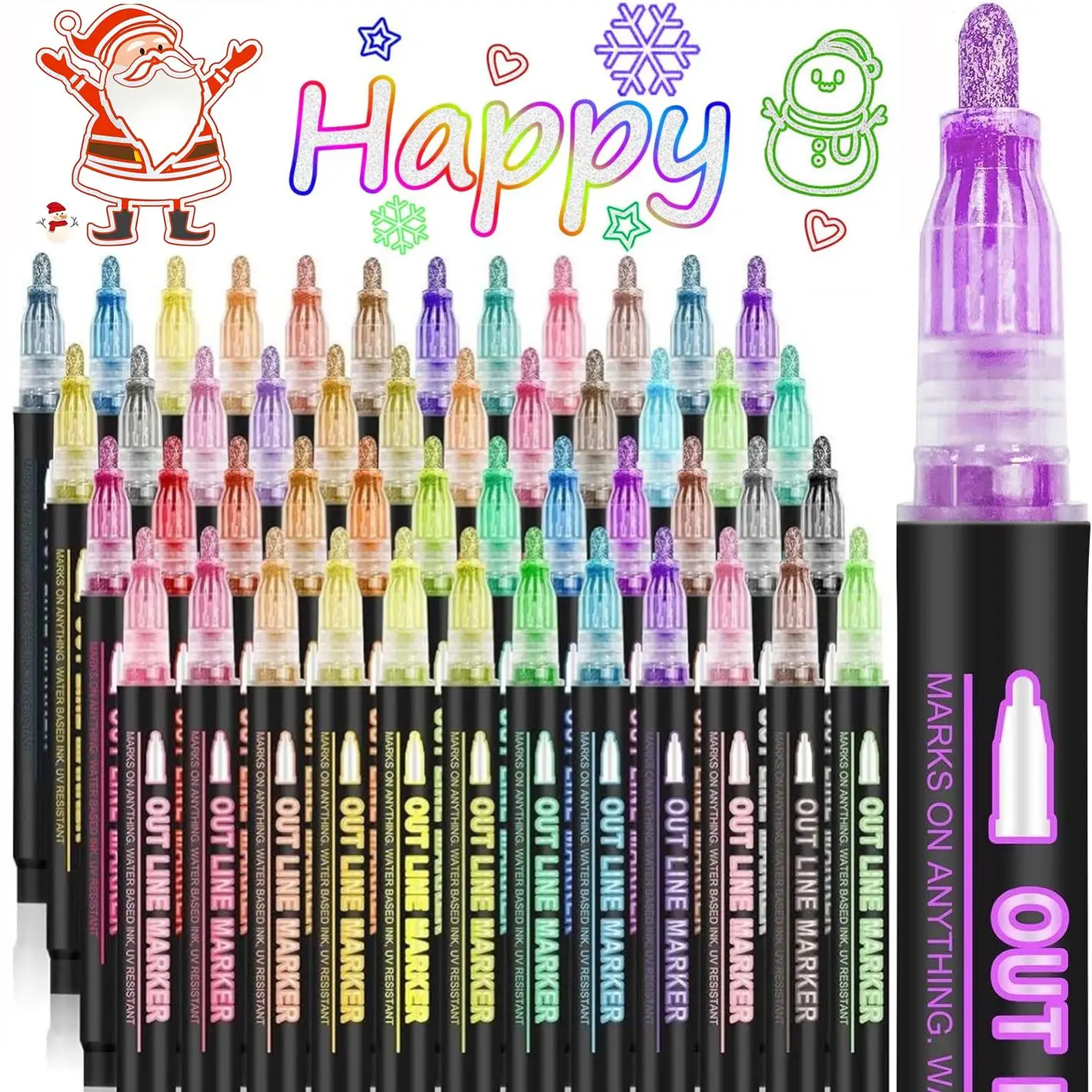 Double Line Design Outline Pen, 8/12/24/36/48/60 Colors Metallic Marker Pen, Self-outline Glitter Writing Drawing Pen for Greeting Card Making, DIY Ar