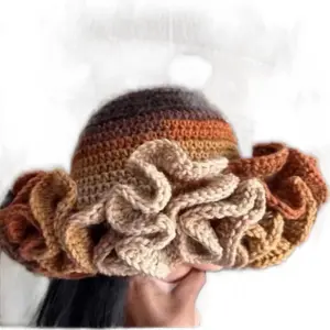 Crochet Hat with Ruffled Design in Earth Tones for Stylish Headwear