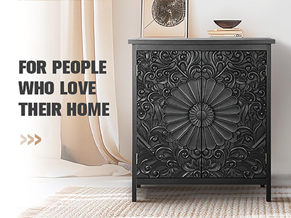 [New Year] PHI VILLA Black Accent Cabinet with 2 Carved Pattern Doors, Solid Wood Frame & Legs for Entryway and Living Room Furniture Design Interior Storage, Christmas Gift