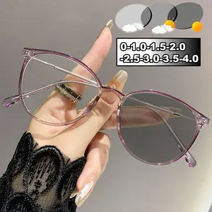 Unisex Anti-UV Photochromic Myopia Glasses Round Frame Near Sight Eyeglasses Fashion Retro Prescription Eyewear for Men Women