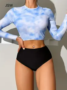 Gradient Round Neck Long Sleeve Short Wetsuit Top, High Waist Triangle Pants Set, Surfing Suit for Men and Women, Lightweight Rash Guards