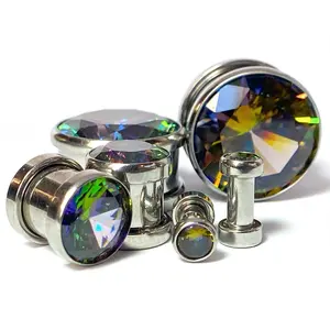PAIR Large Vitrail Gem Screw Fit Tunnel Plugs Gauges Body Jewelry Piercing