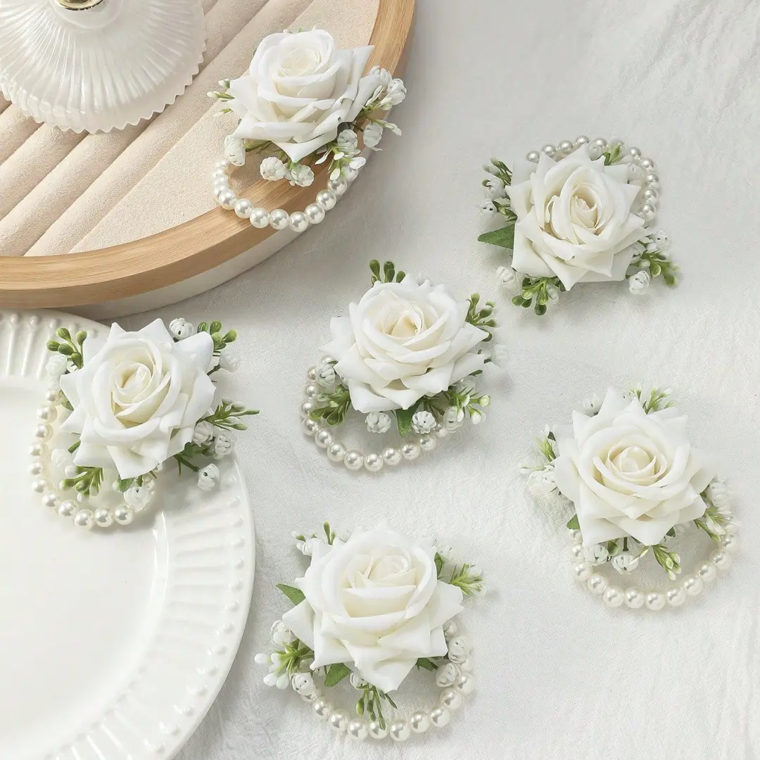 6Pcs Artificial Rose Wrist Corsage Set, Elegant Fabric Pearl Wrist Flower Bracelets, Wedding Bridal Bridesmaid Floral Accessory, Vintage Artificial Flower Decor For Prom Engagement Holiday Formal Events