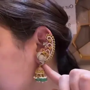 Elegant Gold-Tone Jhumka Earrings with Green Accents and Intricate Design for Women's Fashion