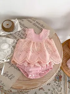 Summer Baby Girl Round Neck Sleeveless Lace Patchwork Top, Solid Color All-In-One Pants Set, 2-Piece for Toddlers
